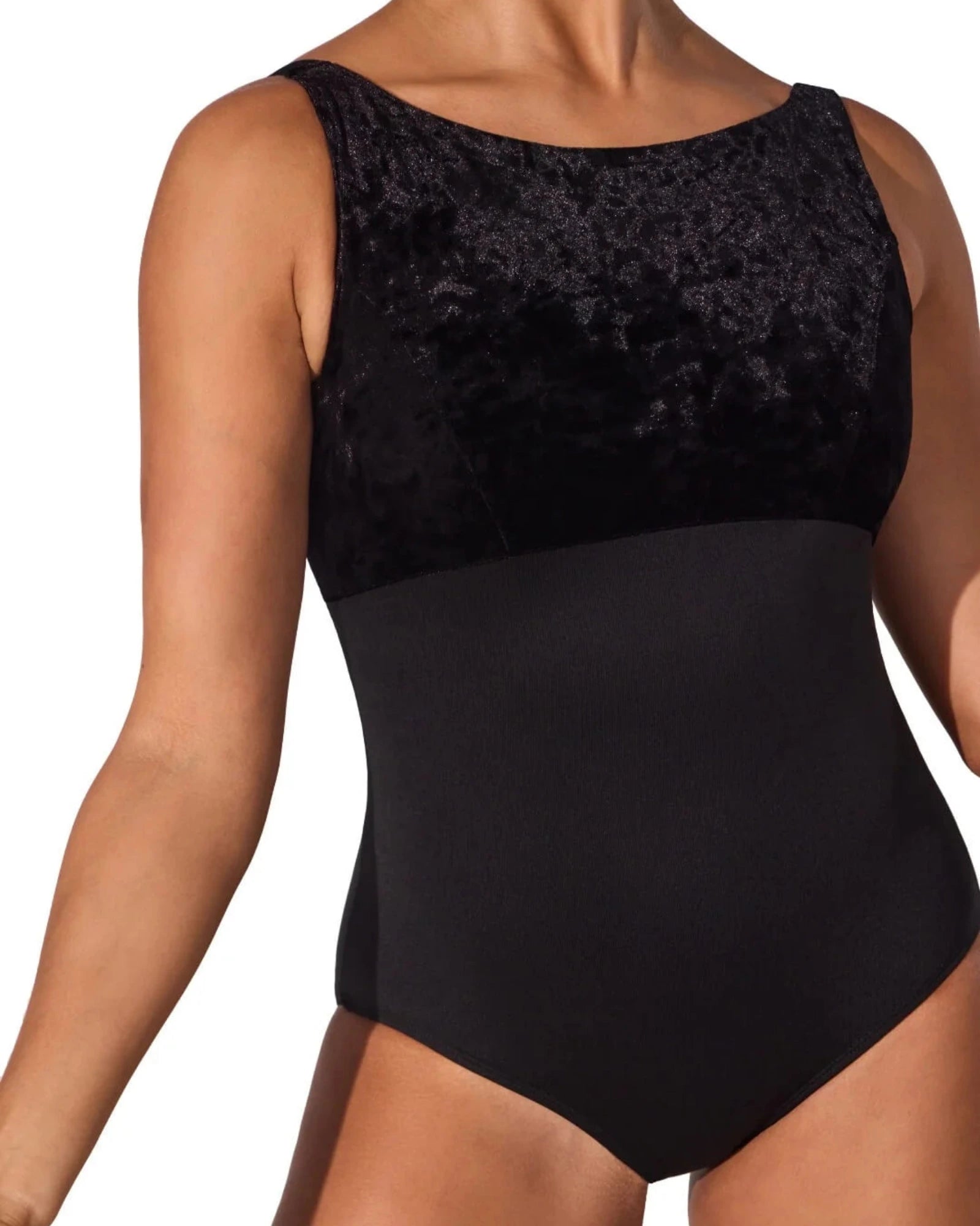 Black leotard with textured top on a white background