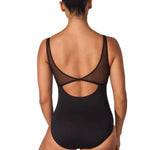 Black leotard with sheer back design on a white background