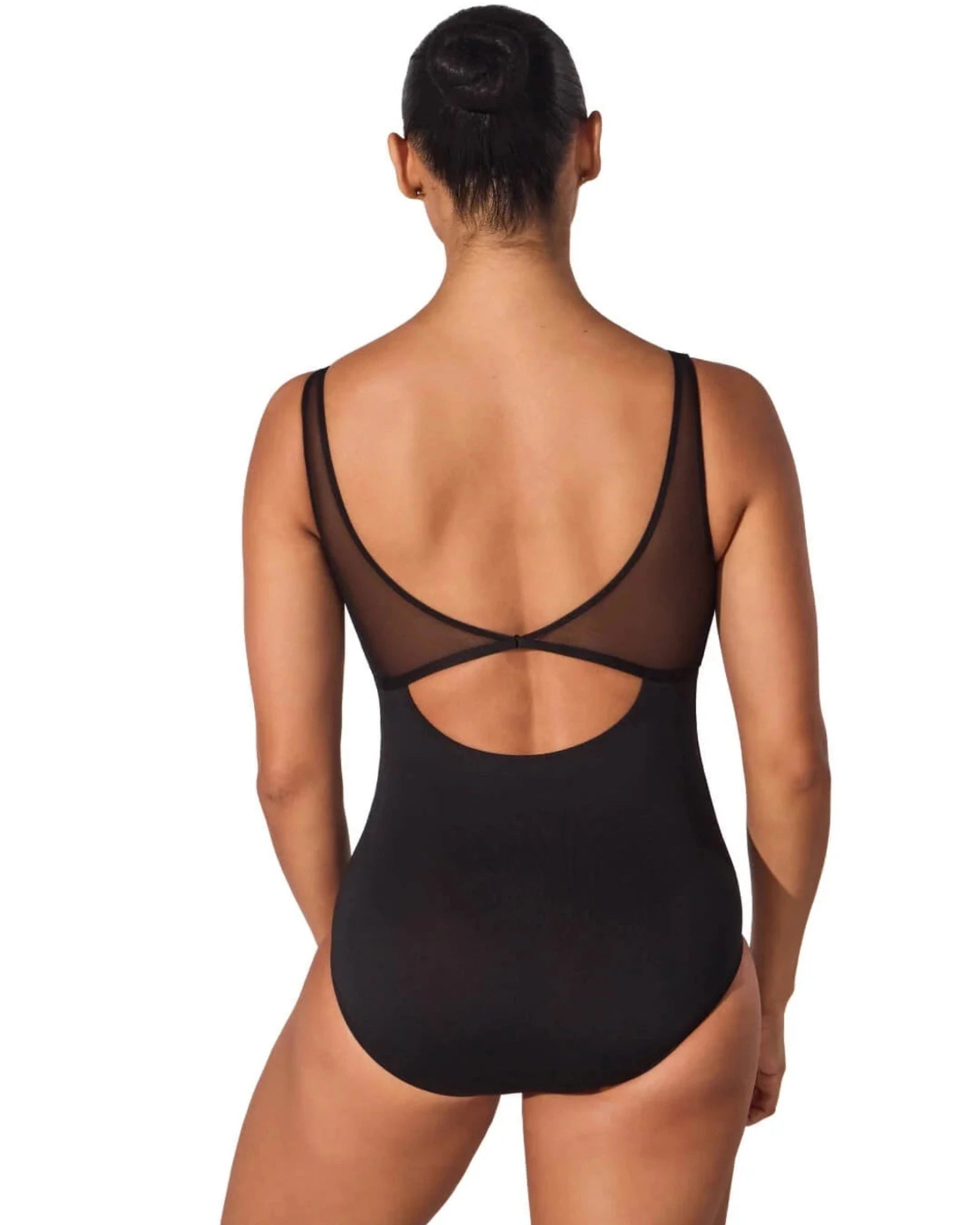 Black leotard with sheer back design on a white background