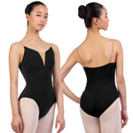 Black leotard worn by a model on a white background