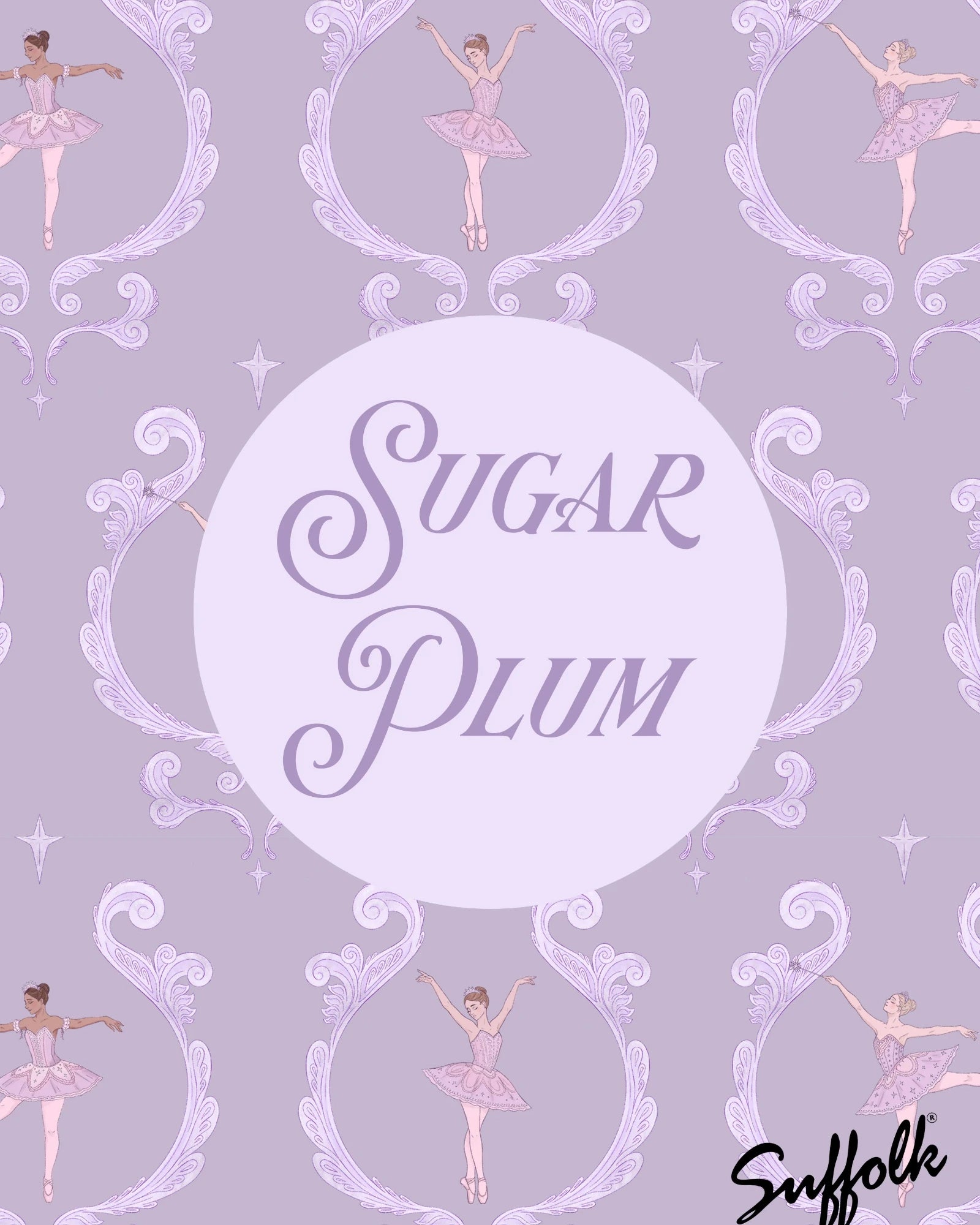A square graphic with the words 'Sugar Plum' in purple script inside a pale lavender circle, set on a lavender background with a repeating ballet dancer and ornate frame pattern. The word 'Suffolk' appears in black script at the bottom right.