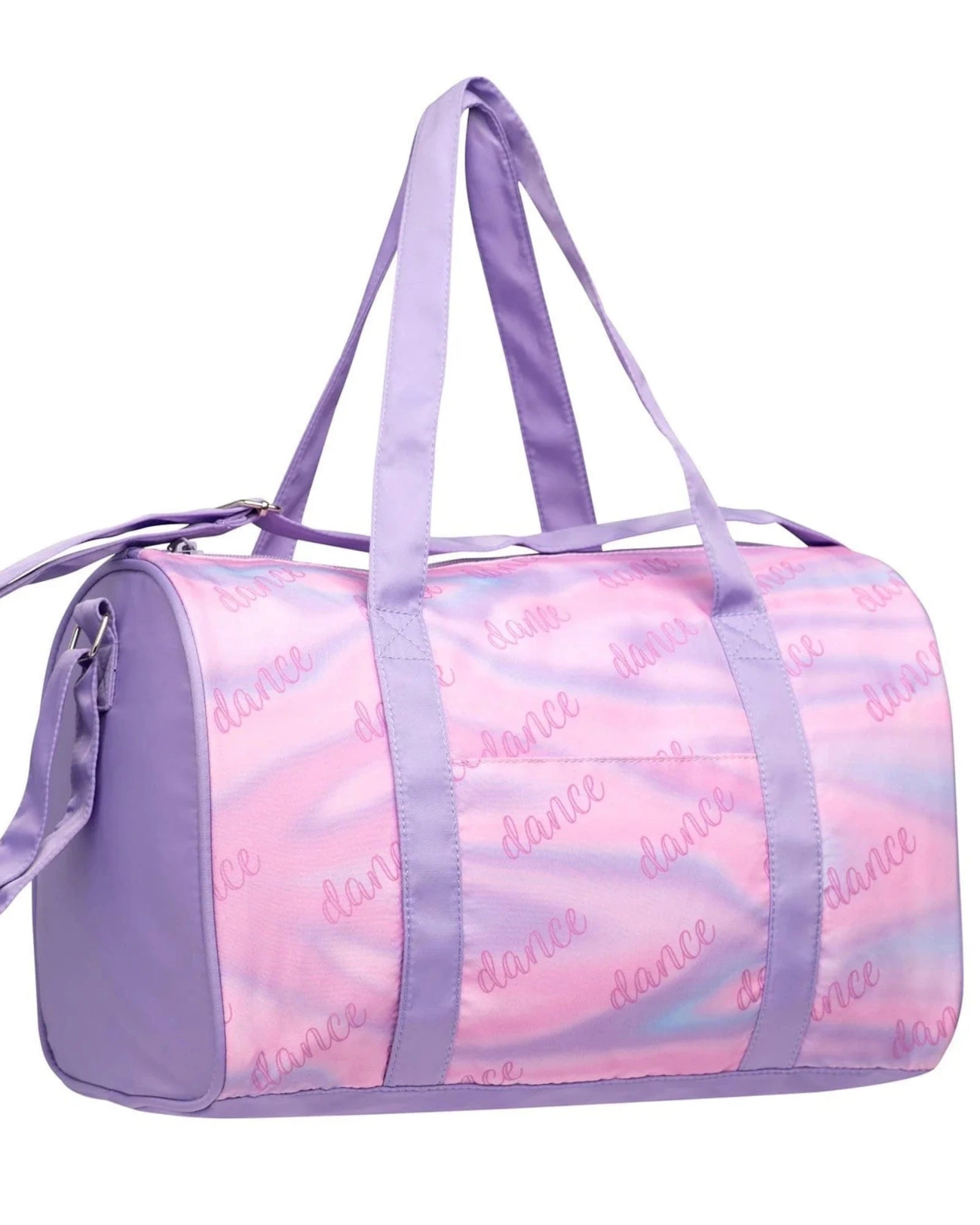 A pink and purple dance bag with a shiny finish, featuring the word 'dance' printed repeatedly in pink script across the front. The bag has lavender purple handles and side panels, and a matching shoulder strap, shown on a plain white background.