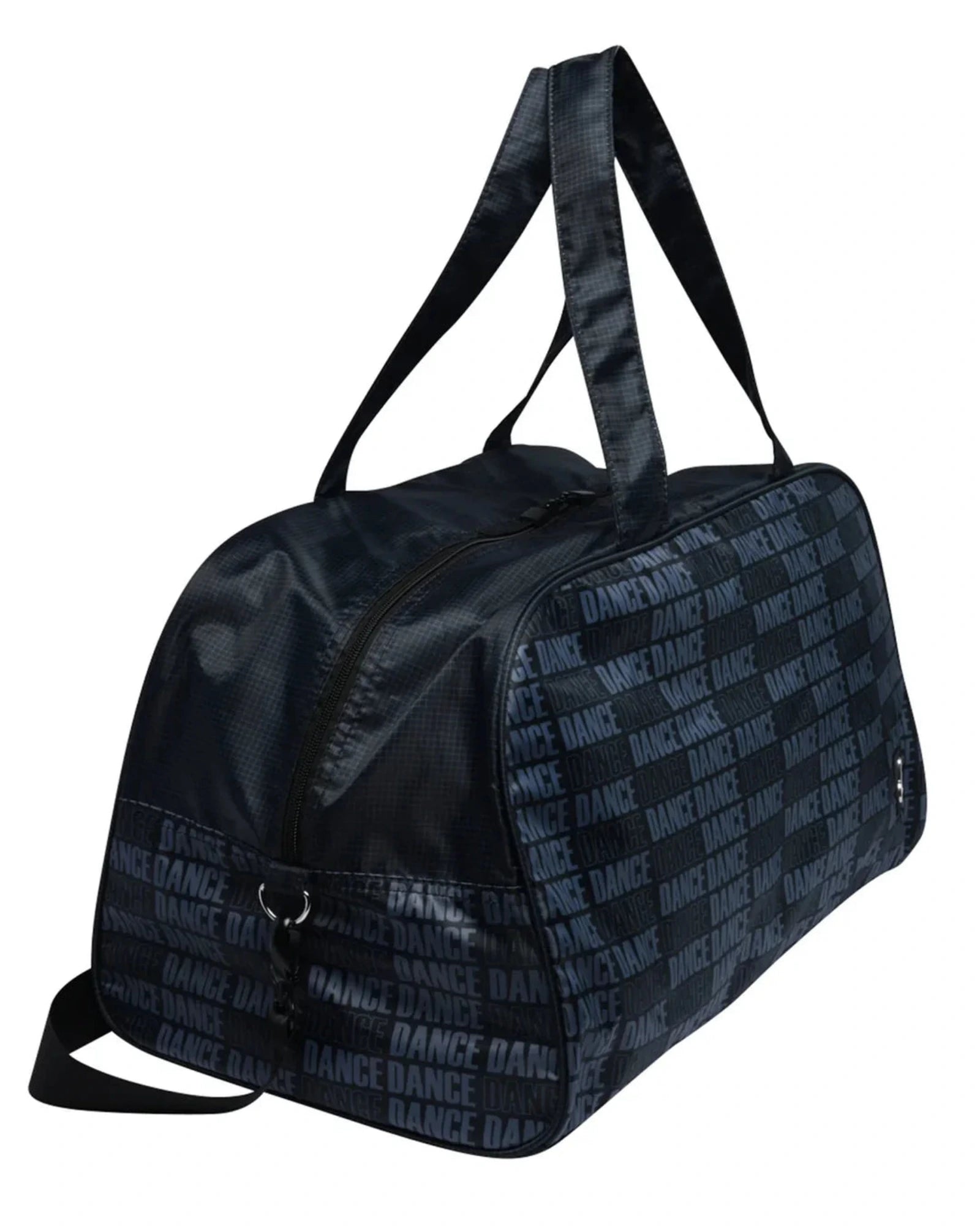 A black duffel bag with a repeating light blue 'DANCE' text pattern, featuring dual top handles and a zippered main compartment, shown against a plain white background.