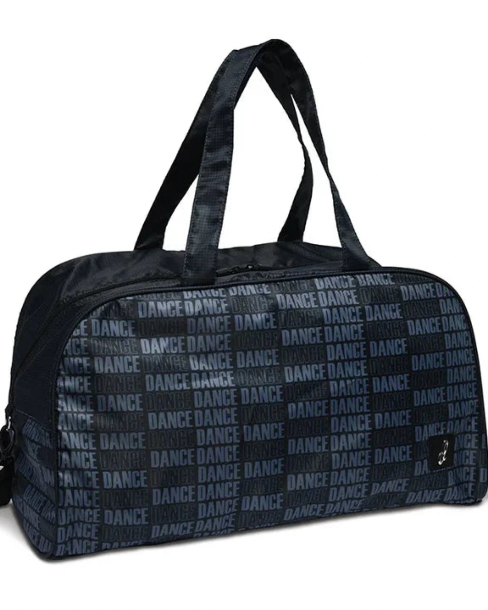 A black duffel bag with a repeating 'DANCE' text pattern in gray, featuring dual top handles and a small black logo patch on the front, set against a plain white background.