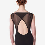 A woman shown from the back wearing a black sleeveless bodysuit with sheer mesh back panels and an open back design, photographed against a plain white background.