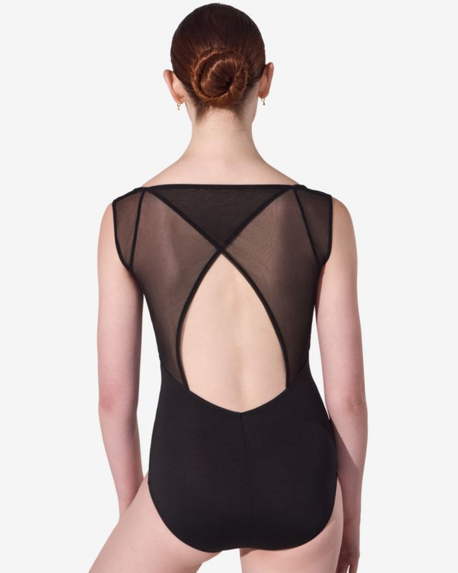 A woman shown from the back wearing a black sleeveless bodysuit with sheer mesh back panels and an open back design, photographed against a plain white background.