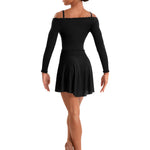 A woman modeling a black long-sleeve dance dress with an off-the-shoulder neckline and a flared skirt, shown from the back against a plain white background.