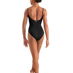 Person wearing a black leotard on a white background
