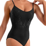 Black leotard worn by a model on a white background