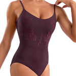 Dark plum leotard worn by a model on a white background