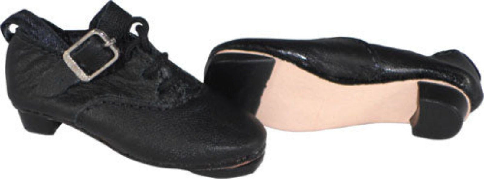 Black dance shoe with a strap and heel on a white background