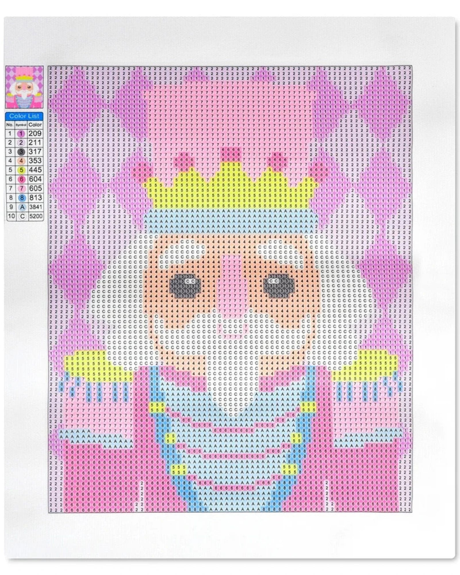 A canvas print of a pixelated cartoon character designed for diamond painting, featuring a pink and purple harlequin pattern background, a yellow crown, and a white beard. The canvas is displayed flat against a white background with a small color reference chart on the left side.