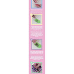 A vertical pink instruction sheet with four numbered steps showing how to use a nail art pen, featuring small photos of hands and descriptive text in English and Arabic.
