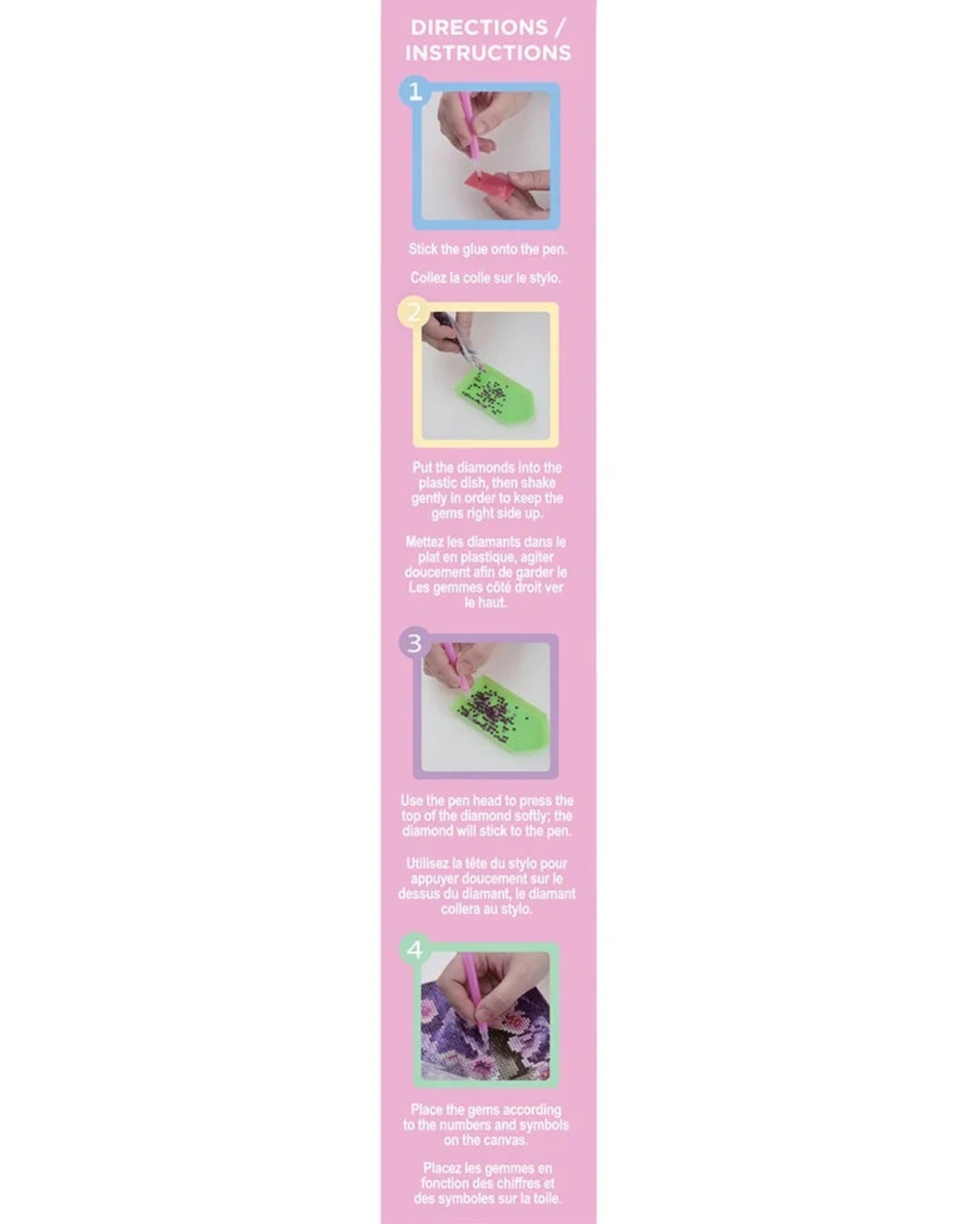 A vertical pink instruction sheet with four numbered steps showing how to use a nail art pen, featuring small photos of hands and descriptive text in English and Arabic.