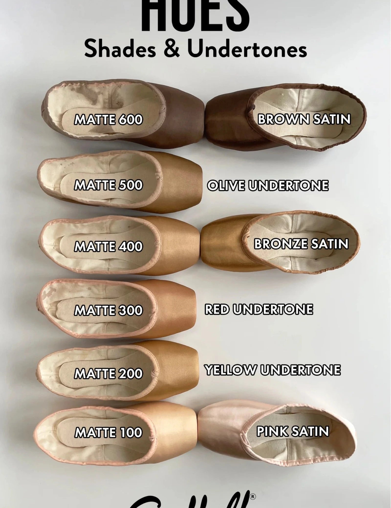 Color swatches of Suffolk pointe shoes with labeled shades and undertones on a white background.