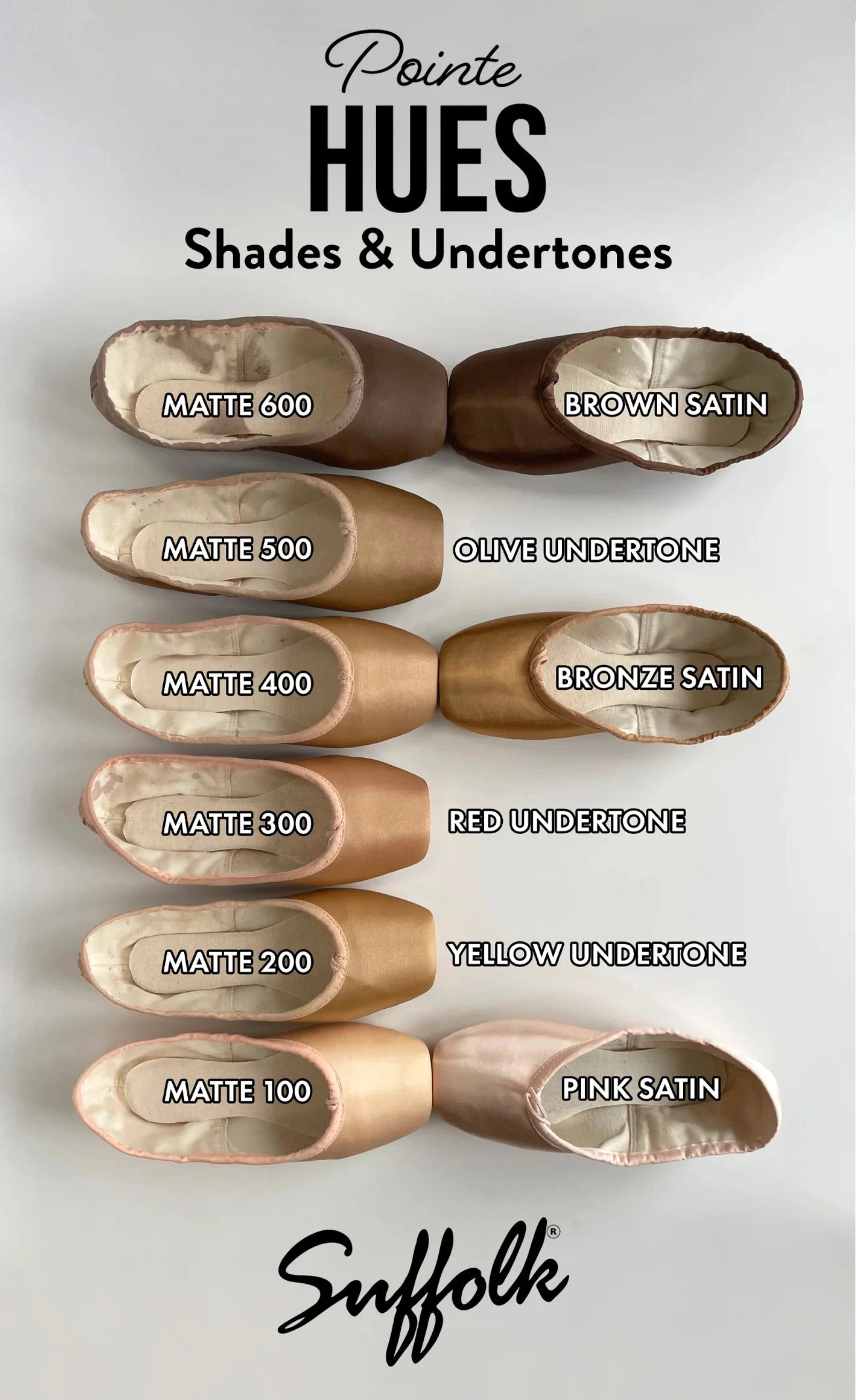 Color swatches of Suffolk pointe shoes with labeled shades and undertones on a white background.