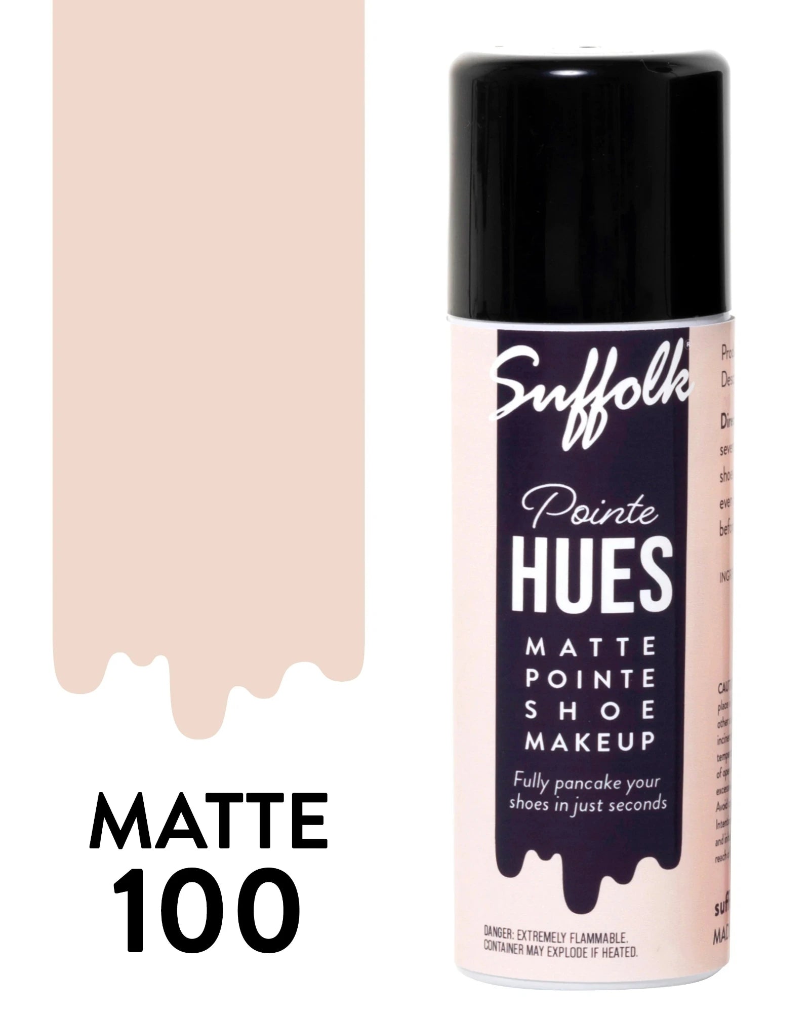 Suffolk Pointe Hues matte shoe makeup bottle with color swatch on a white background