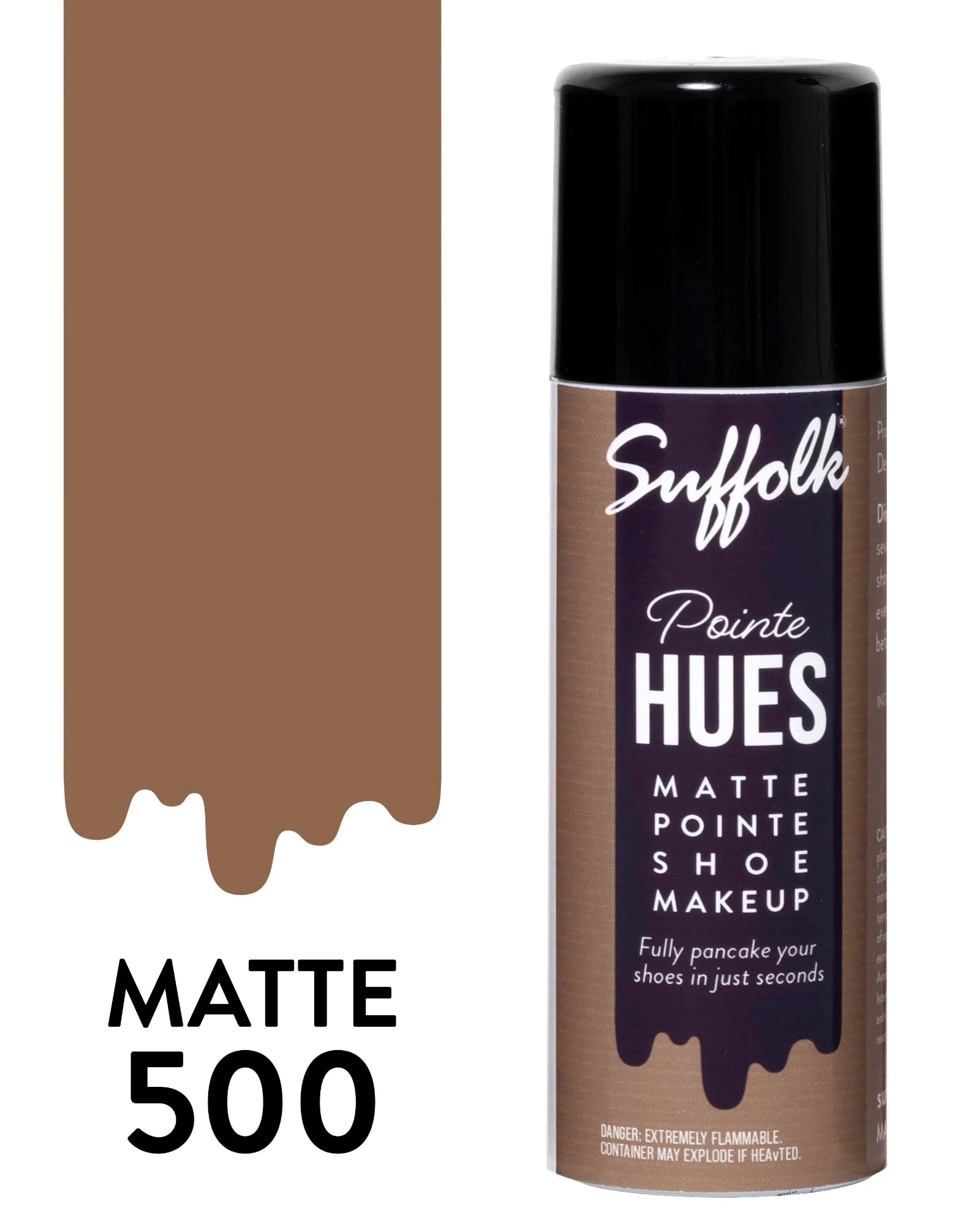 Suffolk Pointe Hues matte shoe makeup can with color swatch on a white background