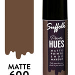 Suffolk Pointe Hues matte shoe makeup can with brown color swatch on a white background