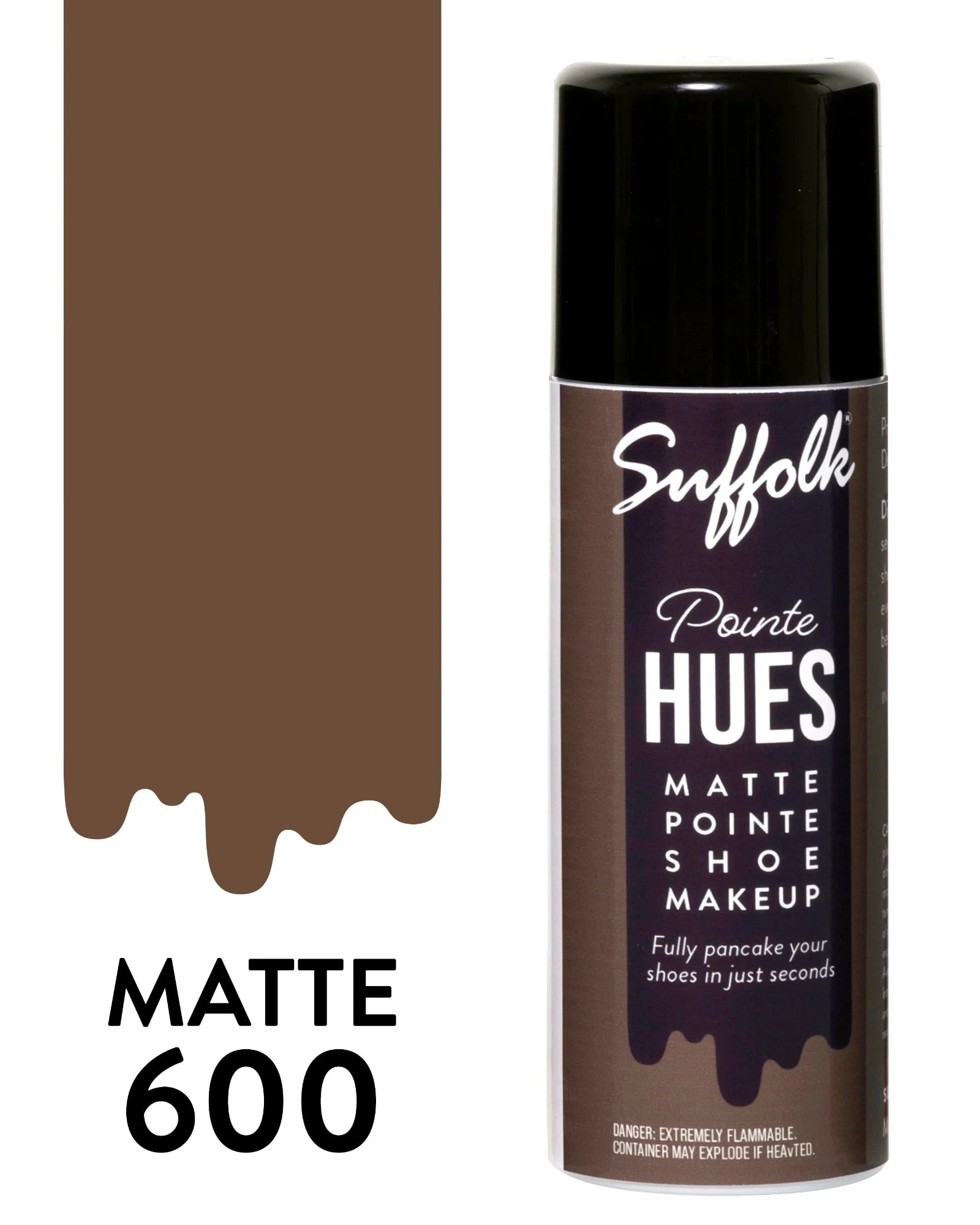 Suffolk Pointe Hues matte shoe makeup can with brown color swatch on a white background