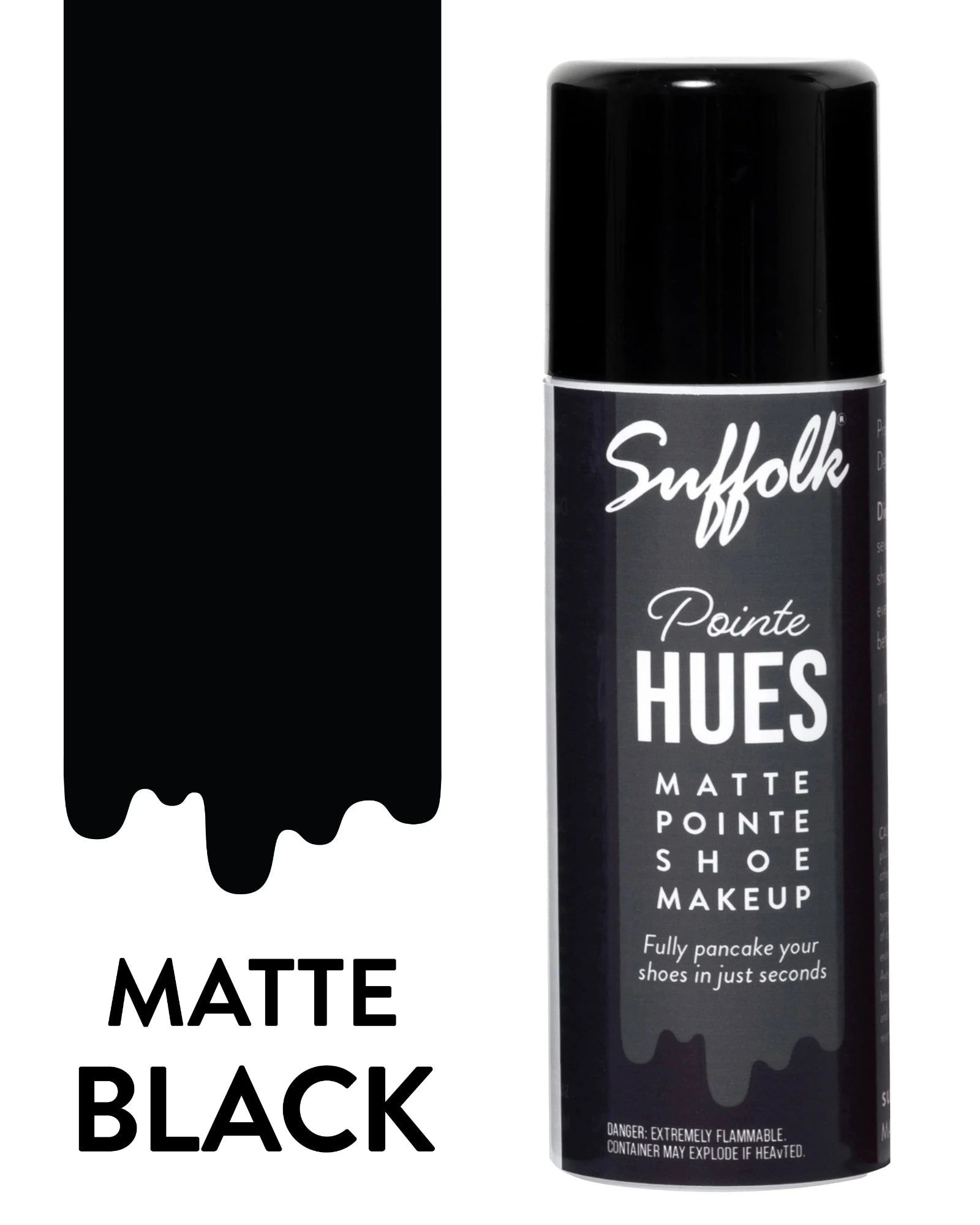 Suffolk Pointe Hues Matte Pointe Shoe Makeup can in Matte Black on a white background