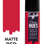 Suffolk Pointe Hues matte shoe makeup can in Matte Red with a red color swatch on a white background.