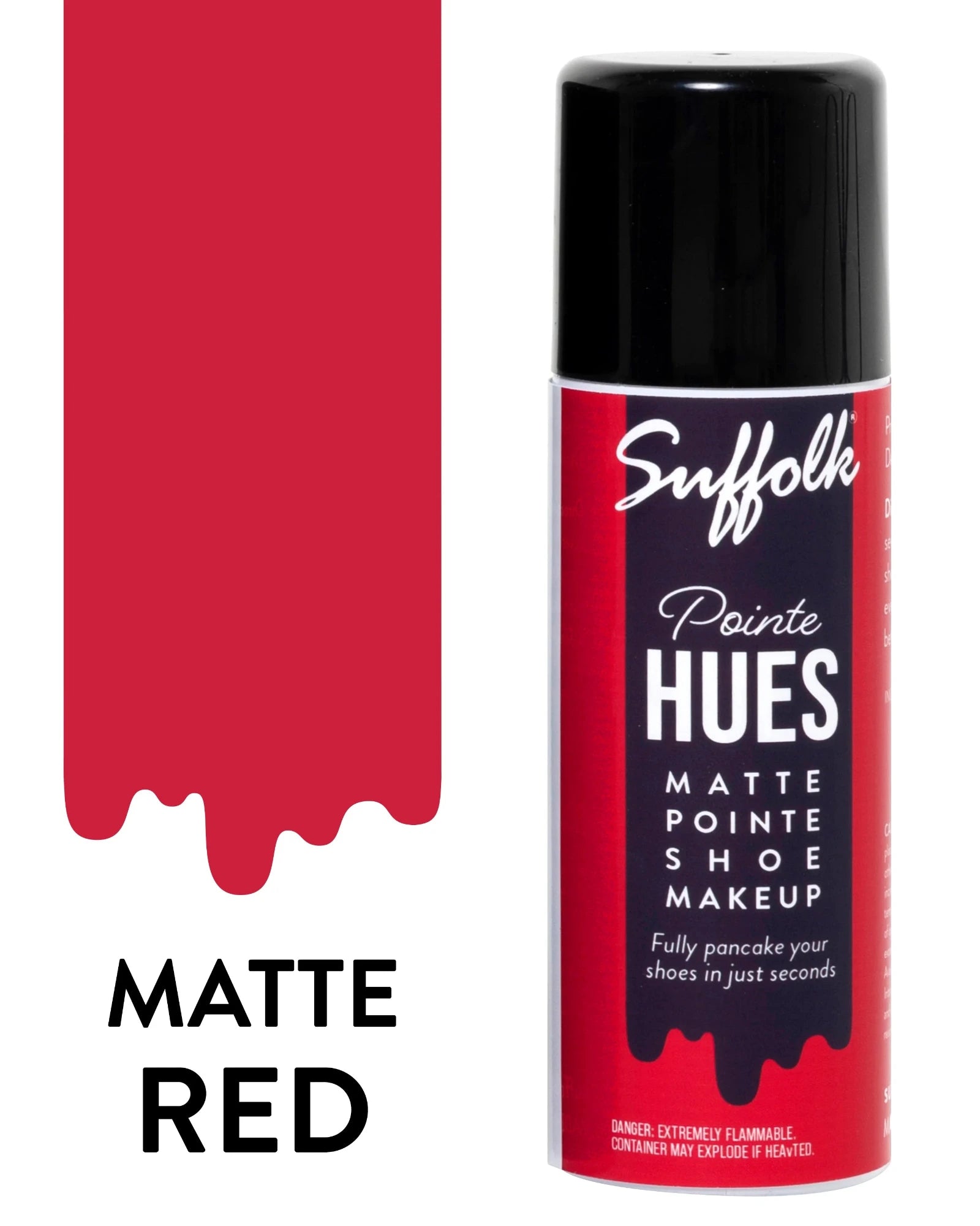 Suffolk Pointe Hues matte shoe makeup can in Matte Red with a red color swatch on a white background.