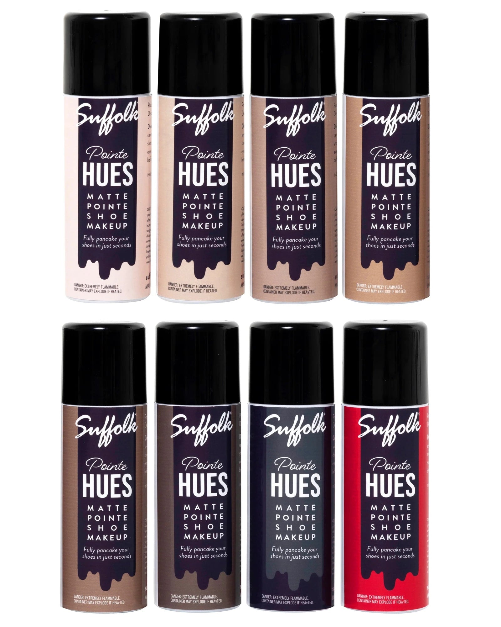 Set of Suffolk Painte Hues matte pointe shoe makeup cans on a white background