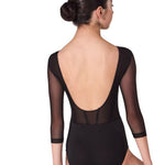 A woman modeling a black three-quarter sleeve leotard from the back, showing a deep open back with sheer mesh panels and a solid black lower bodice, against a plain white background.