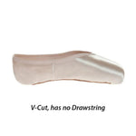 A light beige satin ballet pointe shoe shown in side profile on a white background, with the text 'V-Cut, has no Drawstring' below it.