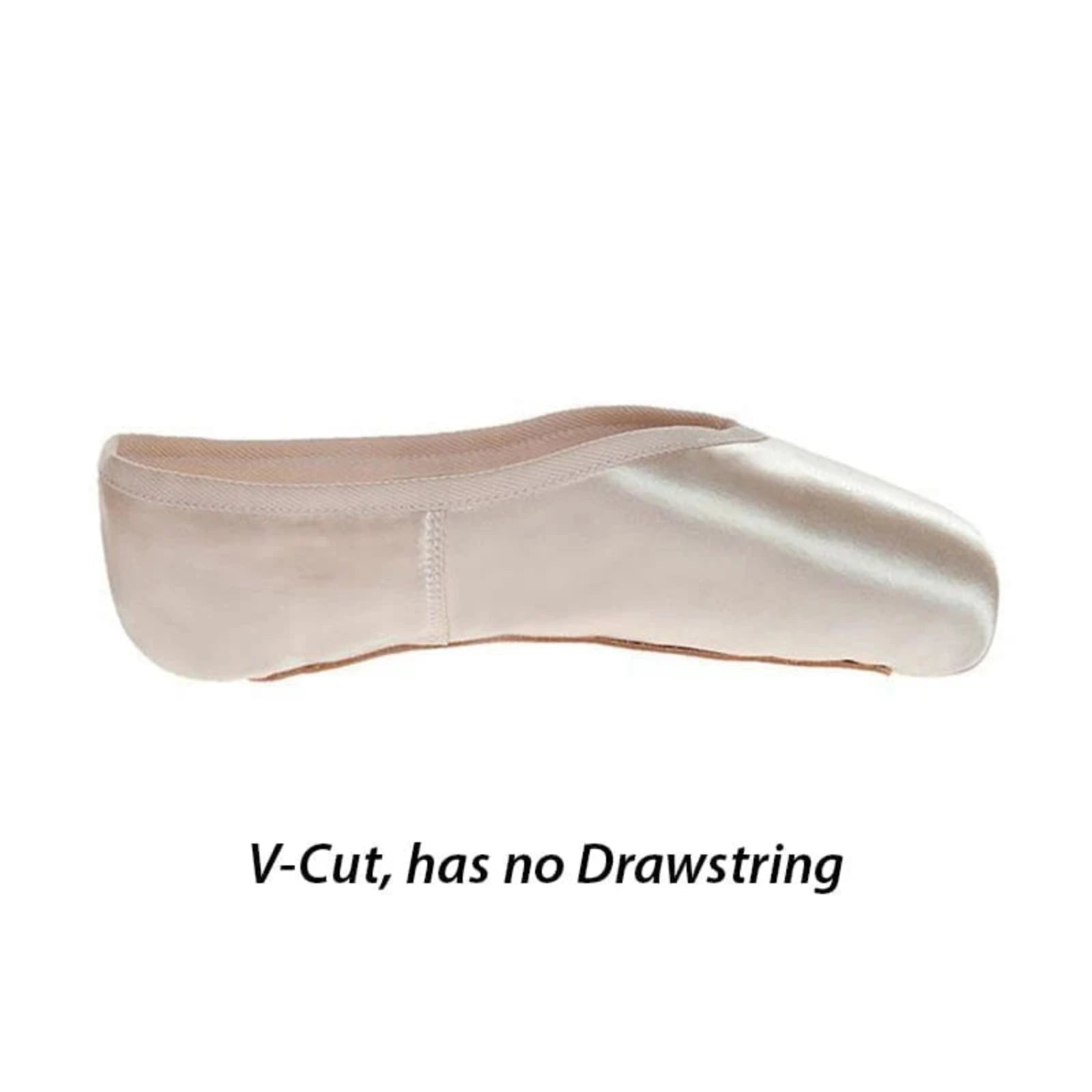 A light beige satin ballet pointe shoe shown in side profile on a white background, with the text 'V-Cut, has no Drawstring' below it.
