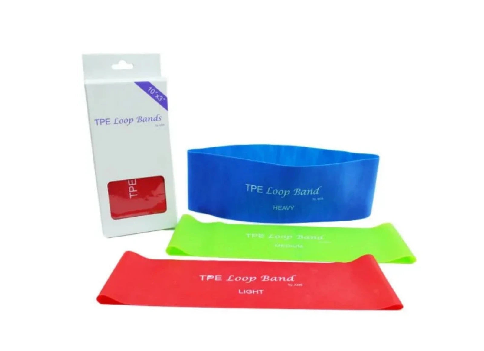 A set of three TPE loop resistance bands in red, green, and blue, shown with their white retail packaging box on a plain white background.