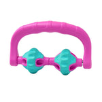 A pink and teal hand-held massage roller with a curved handle and two textured roller balls, shown on a plain white background.