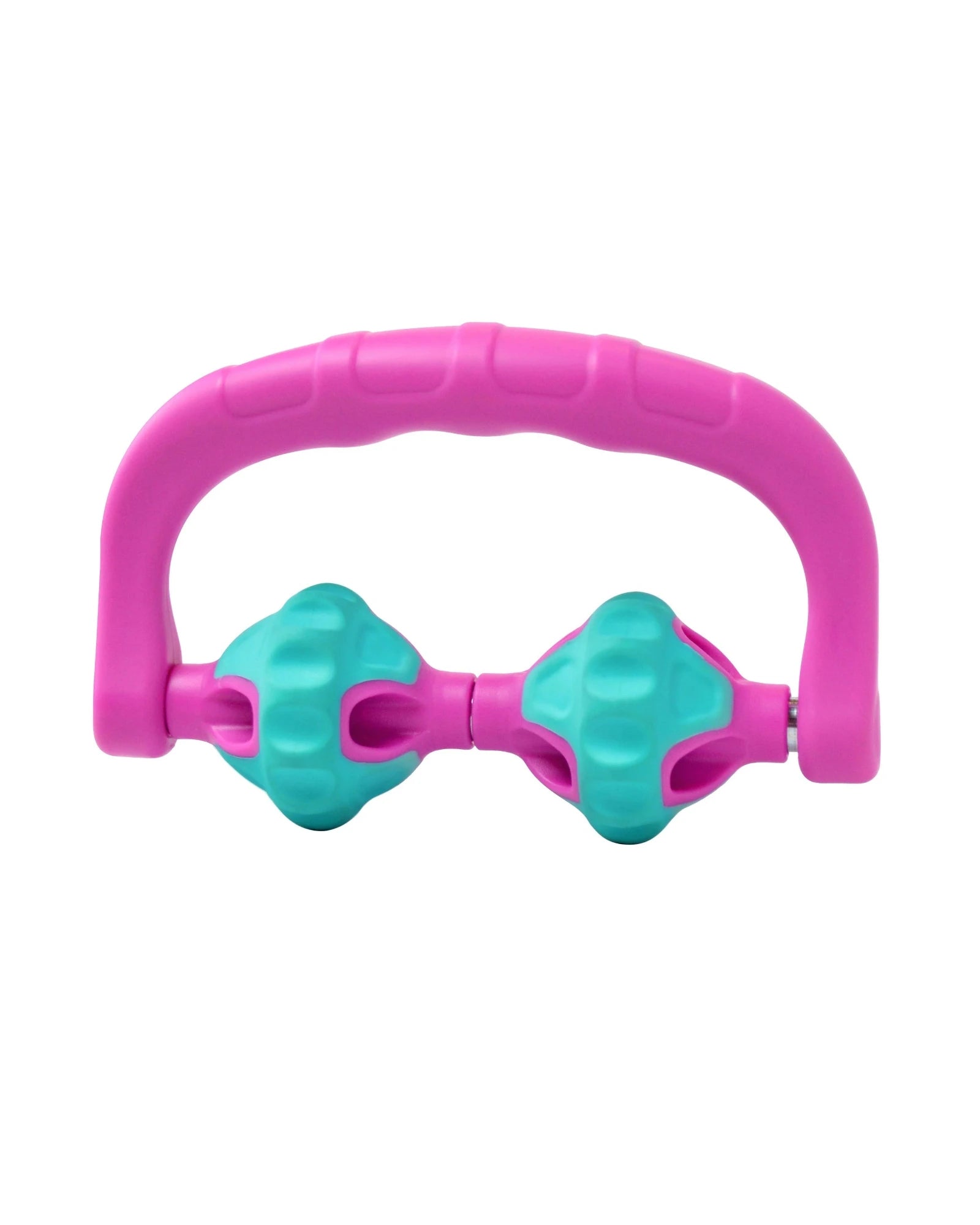 A pink and teal hand-held massage roller with a curved handle and two textured roller balls, shown on a plain white background.