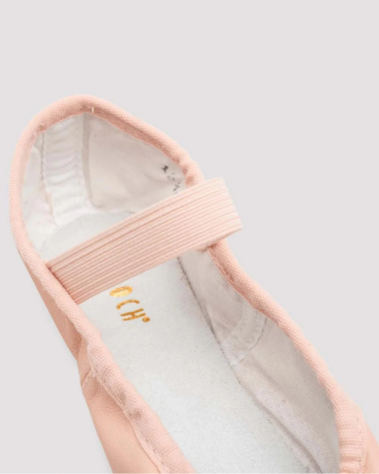 Close-up of a pink ballet shoe on a light gray background