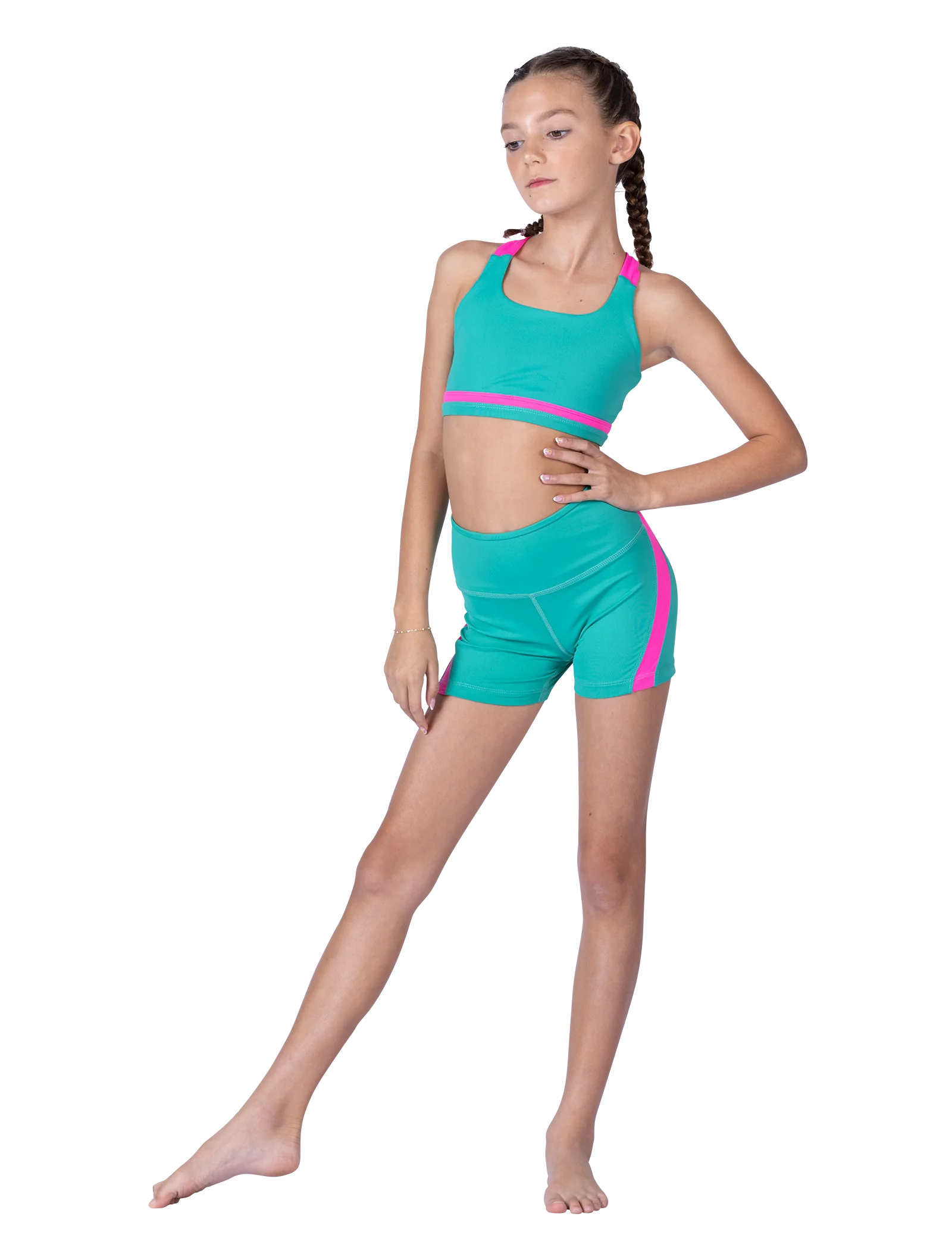 Girl wearing a teal and pink dance outfit on a white background