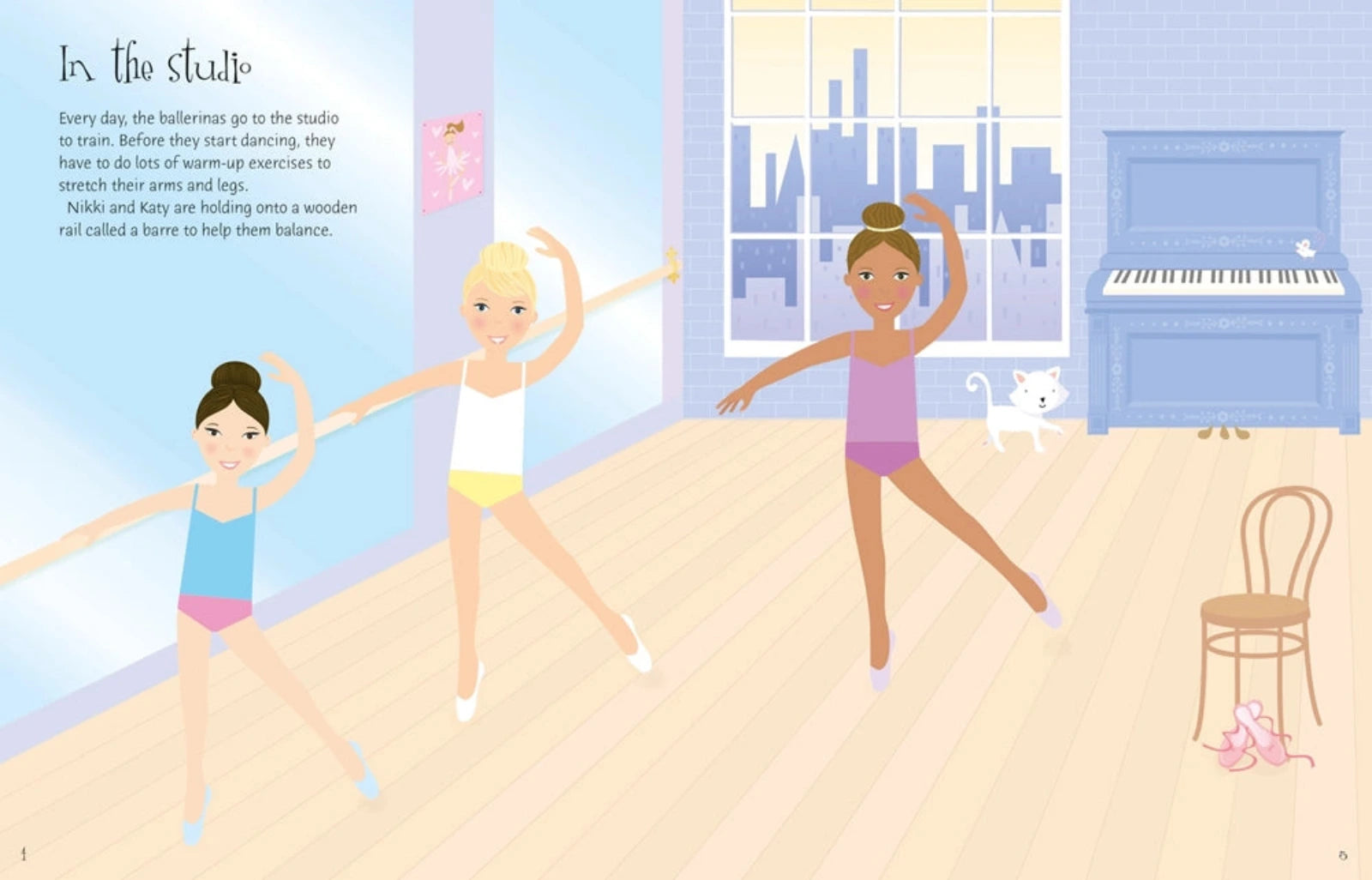 Illustration of three young girls practicing ballet in a room with a piano and window.
