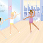 Illustration of three young girls practicing ballet in a room with a piano and window.