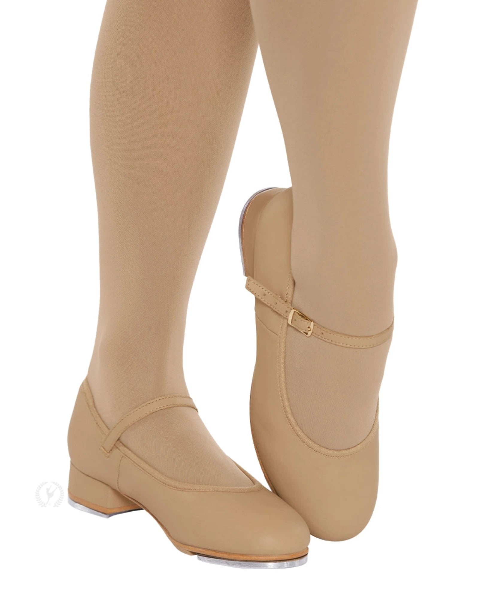 Beige shoes worn with beige tights on a white background