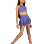Woman wearing a purple dance outfit on a white background