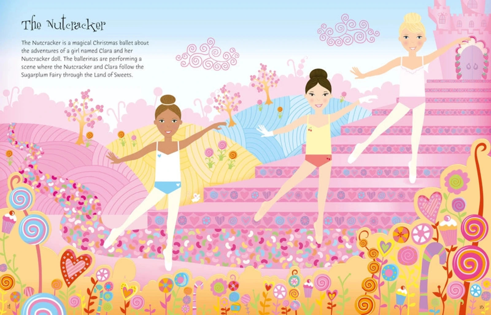 A colorful illustrated scene titled 'The Nutcracker' showing three ballerinas dancing on pink stairs in a whimsical fantasy setting with flowers, candy, and decorative elements. There is also a block of text at the upper left describing the ballet.