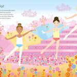 A colorful illustrated scene titled 'The Nutcracker' showing three ballerinas dancing on pink stairs in a whimsical fantasy setting with flowers, candy, and decorative elements. There is also a block of text at the upper left describing the ballet.