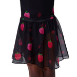 Black skirt with pink strawberry patterns on a white background