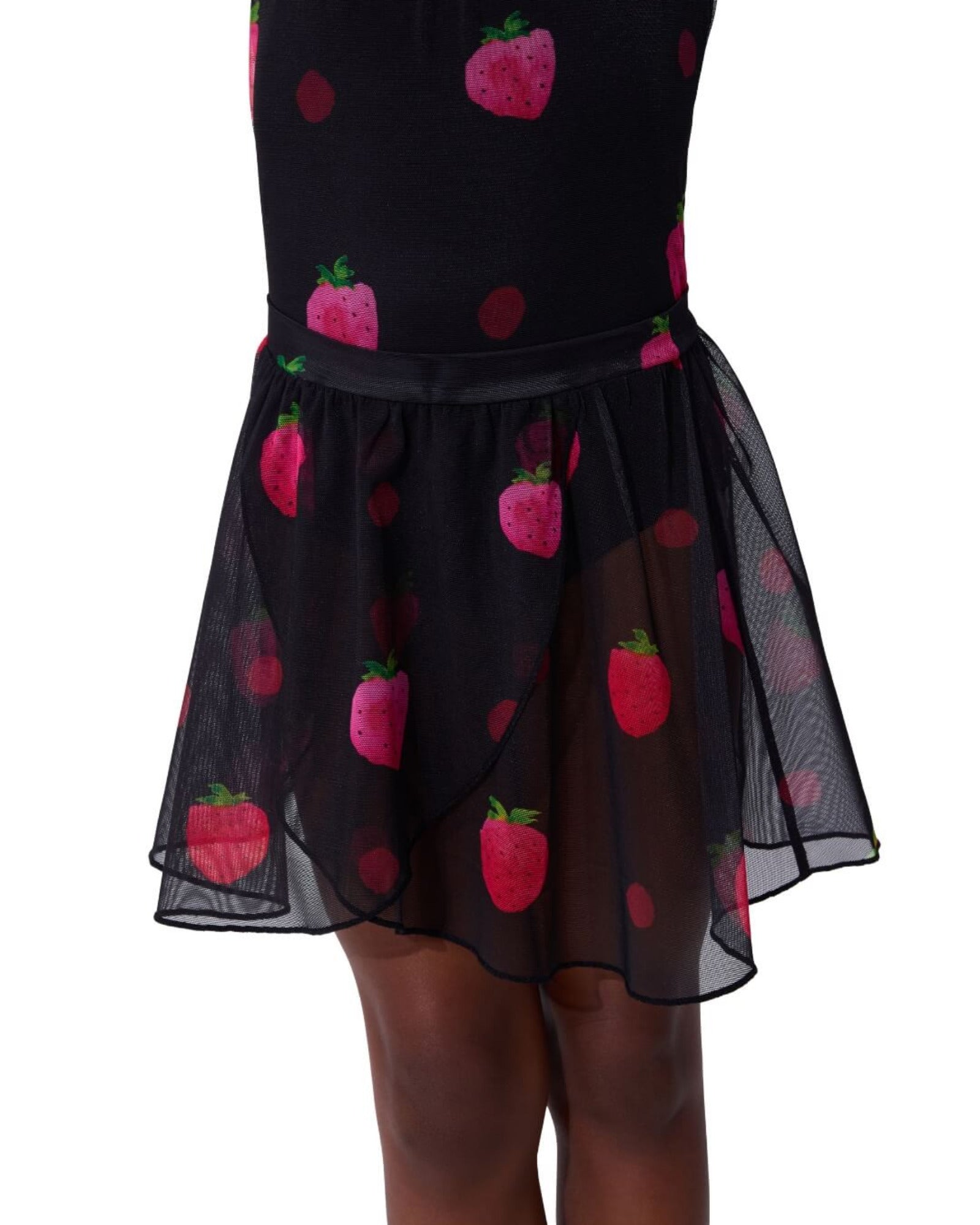 Black skirt with pink strawberry patterns on a white background