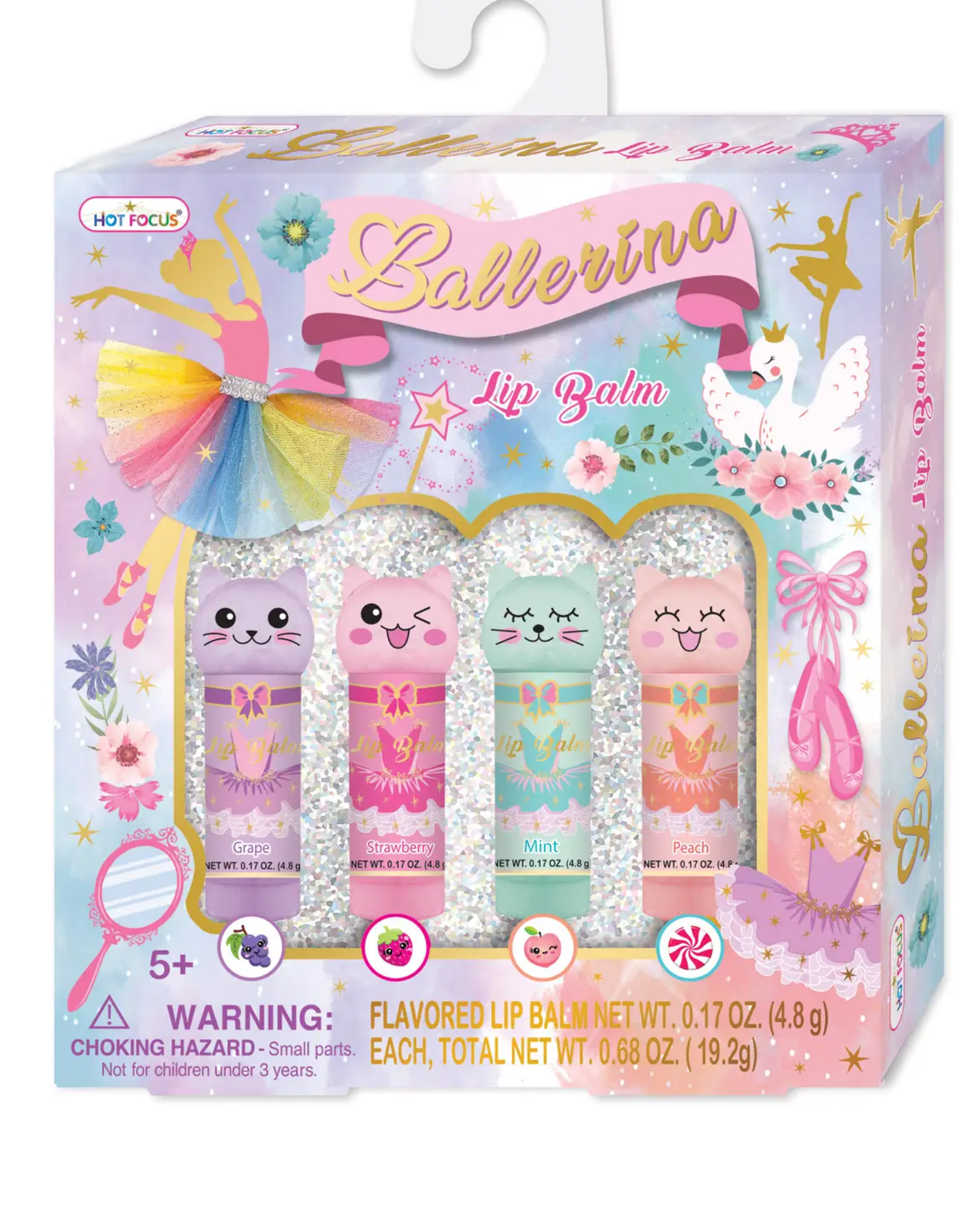Packaging of Ballerina lip balms with colorful design and character illustrations.