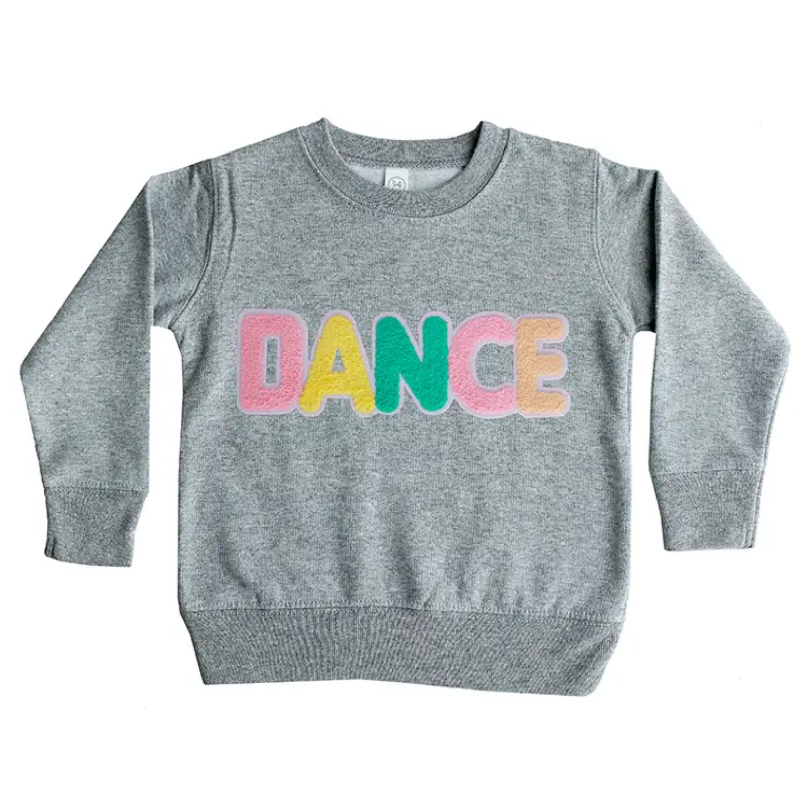Gray sweatshirt with 'DANCE' in colorful letters on a white background