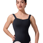 Woman wearing a black leotard on a white background