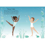 A children's book page titled 'Swan Lake' featuring an illustrated scene of two young ballerinas performing on a blue water surface with lily pads and stars. One ballerina is dark-skinned and the other is light-skinned, both in white leotards.