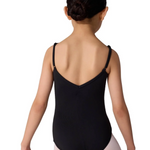 Person wearing a black leotard and pink tights on a white background
