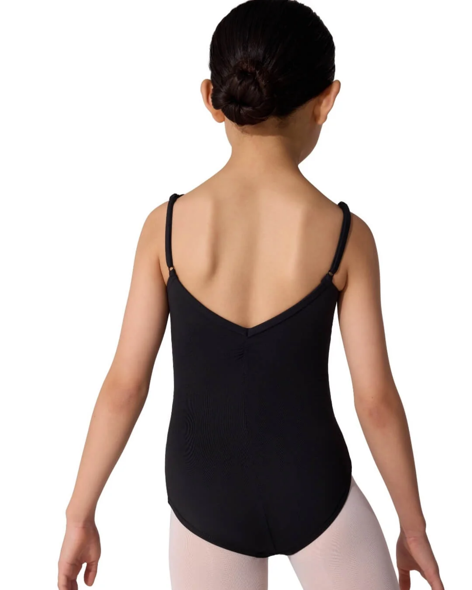 Person wearing a black leotard and pink tights on a white background